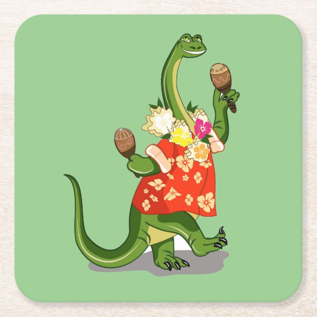 Illustration Of A Brontosaurus Playing Maracas. Square Paper Coaster (Front)