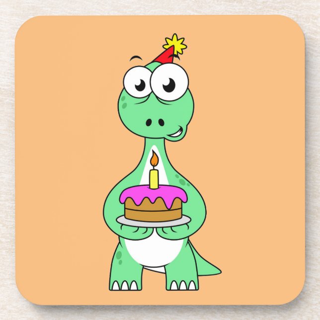 Illustration Of A Brontosaurus With Birthday Cake. Beverage Coaster (Front)