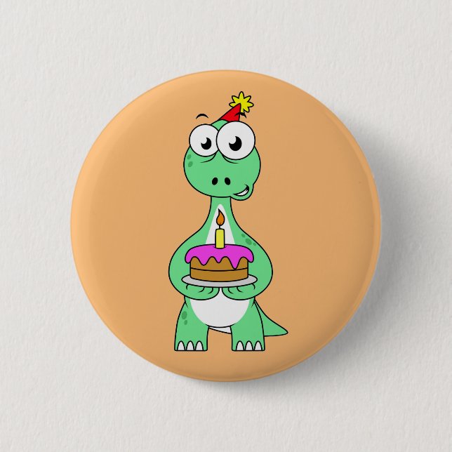 Illustration Of A Brontosaurus With Birthday Cake. Button (Front)
