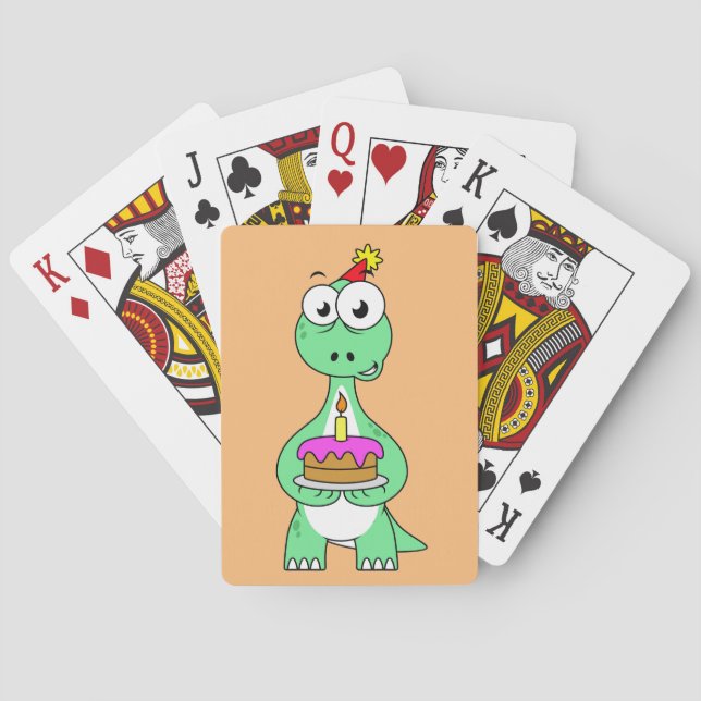 Illustration Of A Brontosaurus With Birthday Cake. Poker Cards (Back)