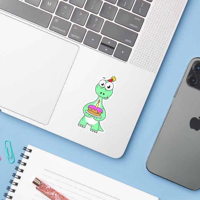 Illustration Of A Brontosaurus With Birthday Cake. Sticker (Laptop w/ iPhone)