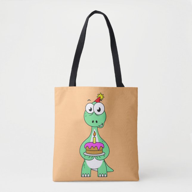 Illustration Of A Brontosaurus With Birthday Cake. Tote Bag (Front)