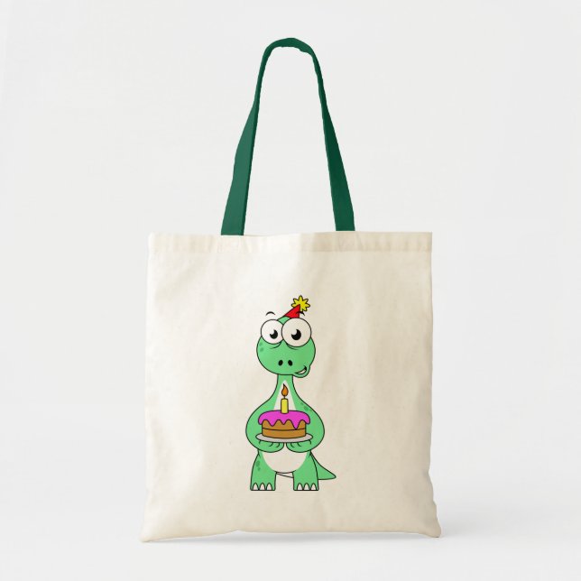 Illustration Of A Brontosaurus With Birthday Cake. Tote Bag (Front)