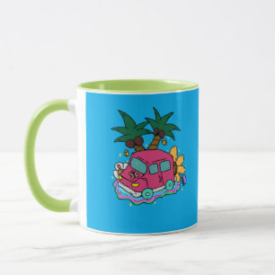 Illustration of a car, bees, and butterflies. mug