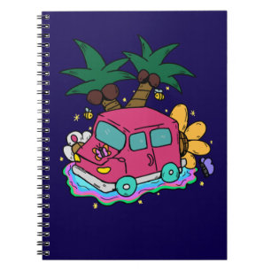 Illustration of a car, bees, and butterflies.  notebook