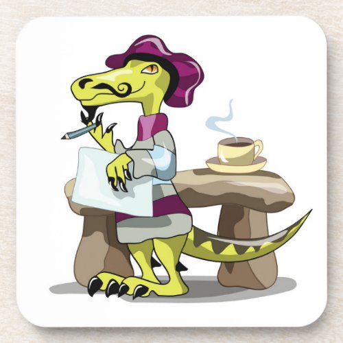 Illustration Of A Cartoon Raptor Poet Thinking Beverage Coaster