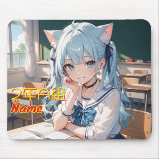 Illustration of a cat-ear girl attending school mouse pad