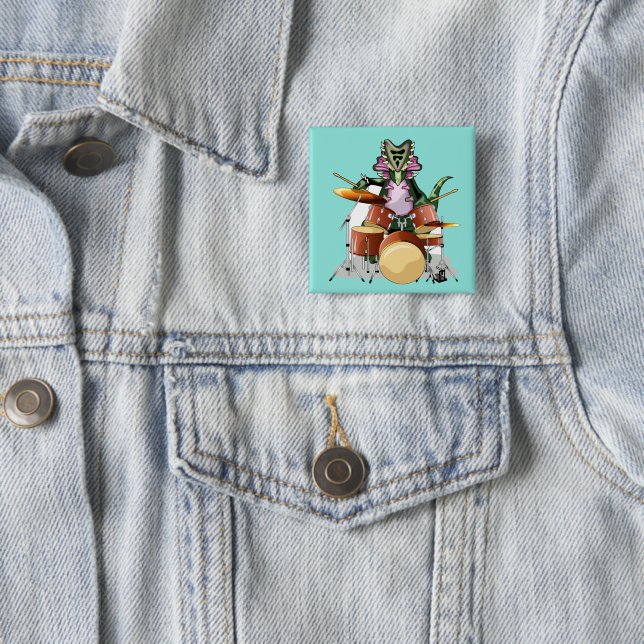 Illustration Of A Chasmosaurus Playing The Drums. Button (In Situ)