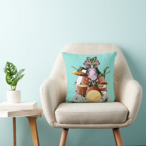 Illustration Of A Chasmosaurus Playing The Drums Throw Pillow