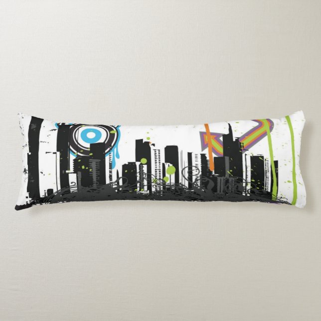 Illustration of a grungy cityscape body pillow (Front)