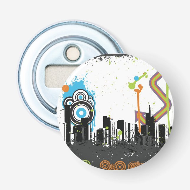 Illustration of a grungy cityscape bottle opener (Front)