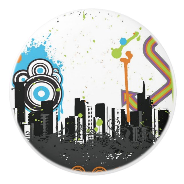 Illustration of a grungy cityscape ceramic knob (Front)