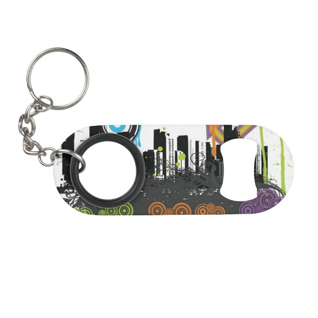 Illustration of a grungy cityscape keychain bottle opener (Front (Horizontal))