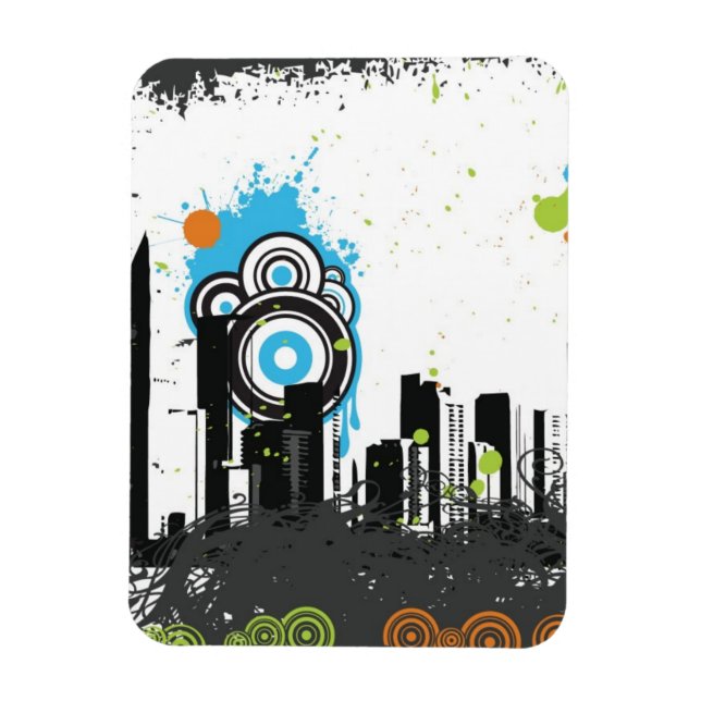 Illustration of a grungy cityscape magnet (Vertical)