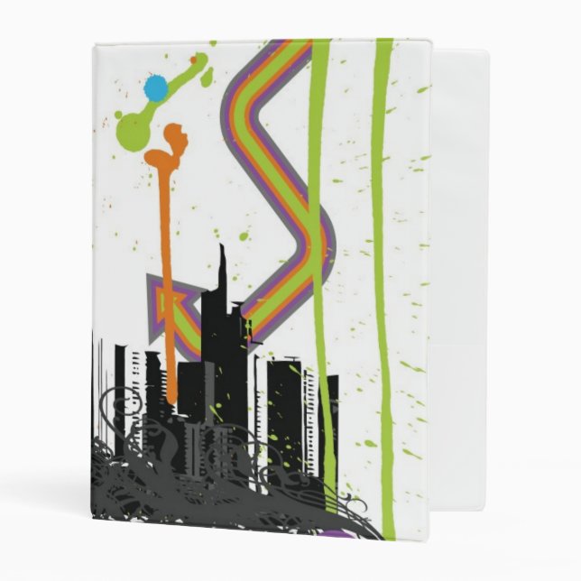 Illustration of a grungy cityscape mini binder (Front/Inside)