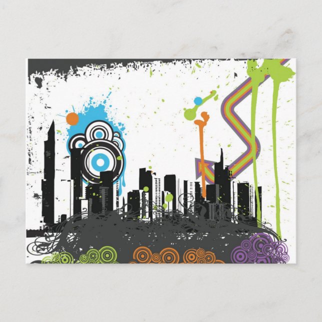 Illustration of a grungy cityscape postcard (Front)