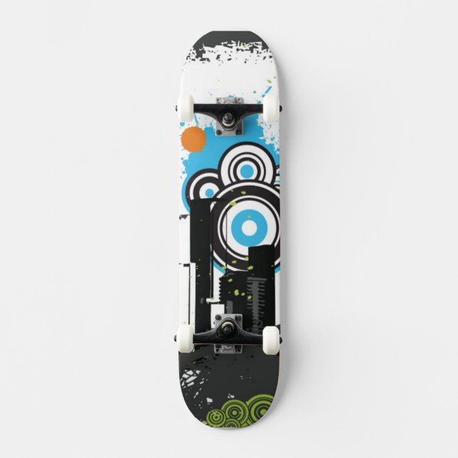 Illustration of a grungy cityscape skateboard deck (Front)