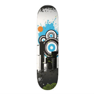 Illustration of a grungy cityscape skateboard deck