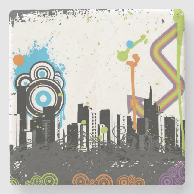Illustration of a grungy cityscape stone coaster (Front)