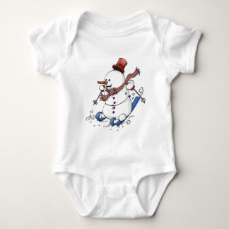 Illustration of a happy snowman on skis t- baby bodysuit