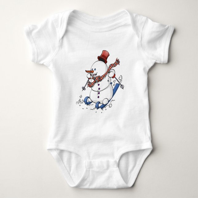 Illustration of a happy snowman on skis t- baby bodysuit (Front)