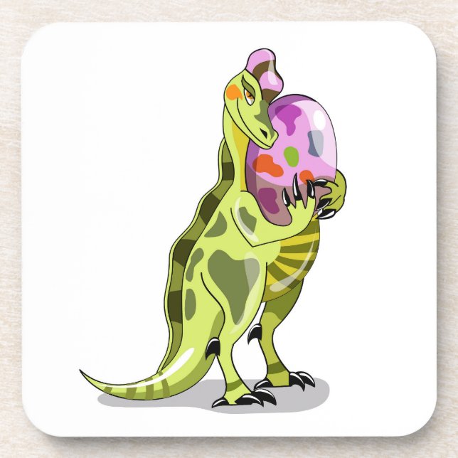 Illustration Of A Lambeosaurus Holding An Egg. Beverage Coaster (Front)