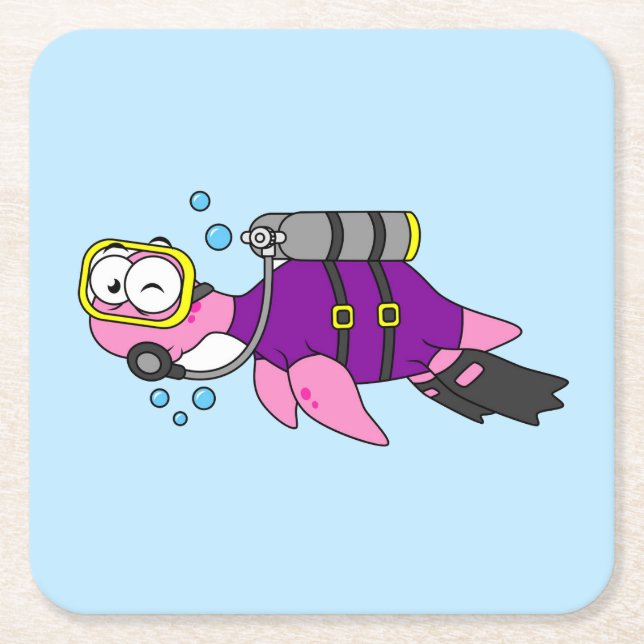Illustration Of A Loch Ness Monster Scuba Diver. Square Paper Coaster (Front)