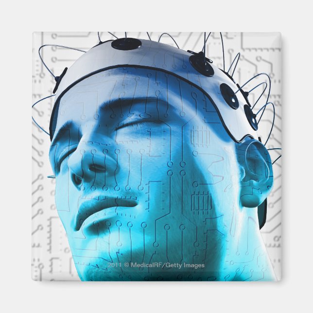 Illustration of a man wearing a cap of electrodes magnet (Front)