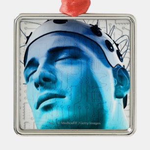 Illustration of a man wearing a cap of electrodes metal ornament