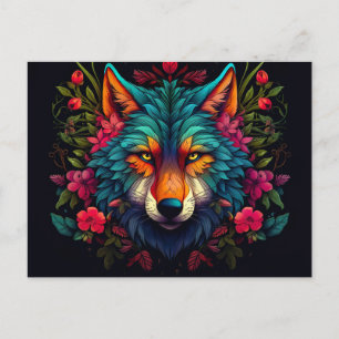 Illustration of a mystical wolf with flowers postcard