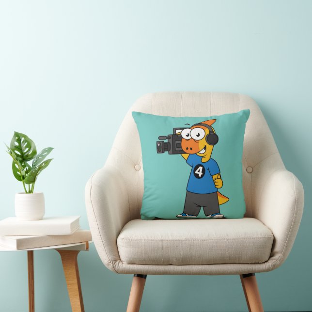 Illustration Of A Parasaurolophus Camera Operator. Throw Pillow (Chair)