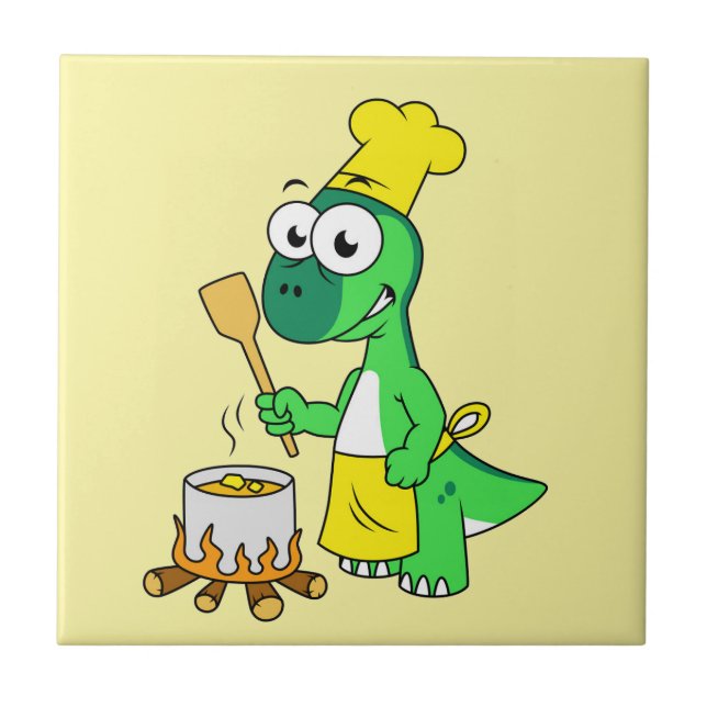Illustration Of A Parasaurolophus Dinosaur Cooking Ceramic Tile (Front)