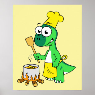 Illustration Of A Parasaurolophus Dinosaur Cooking Poster