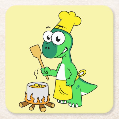 Illustration Of A Parasaurolophus Dinosaur Cooking Square Paper Coaster