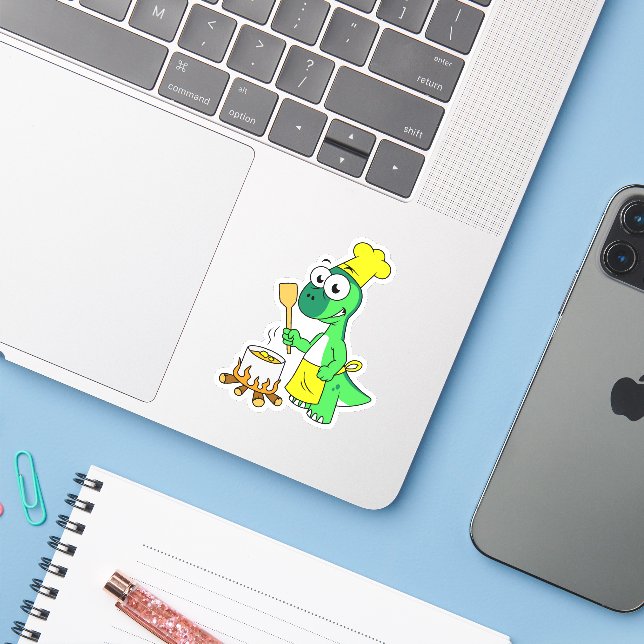Illustration Of A Parasaurolophus Dinosaur Cooking Sticker (Laptop w/ iPhone)