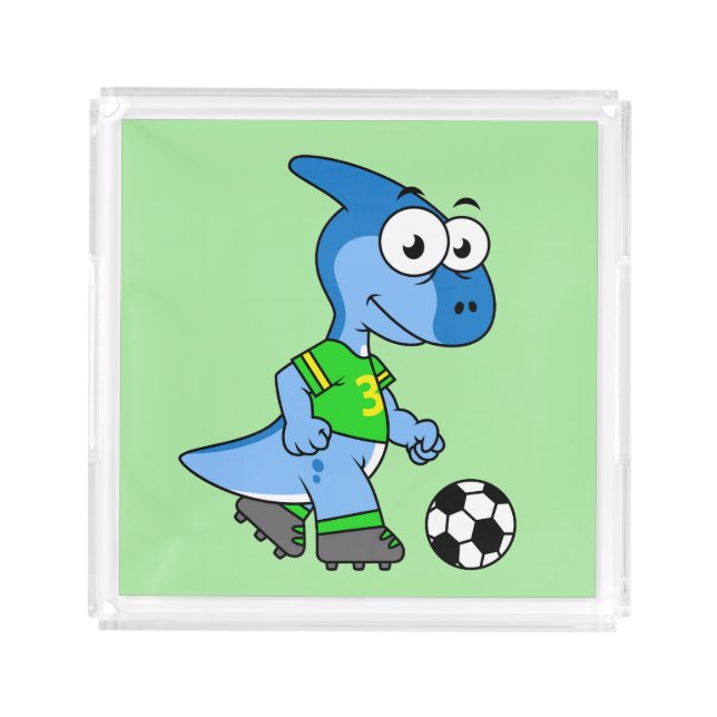 Illustration Of A Parasaurolophus Playing Soccer. Acrylic Tray (Front)