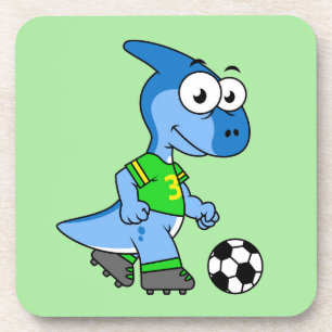 Illustration Of A Parasaurolophus Playing Soccer. Beverage Coaster