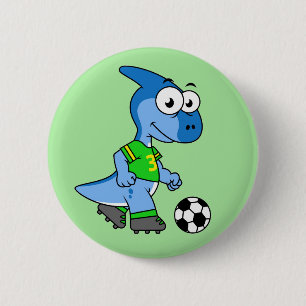 Illustration Of A Parasaurolophus Playing Soccer. Button