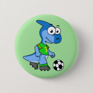Illustration Of A Parasaurolophus Playing Soccer. Button