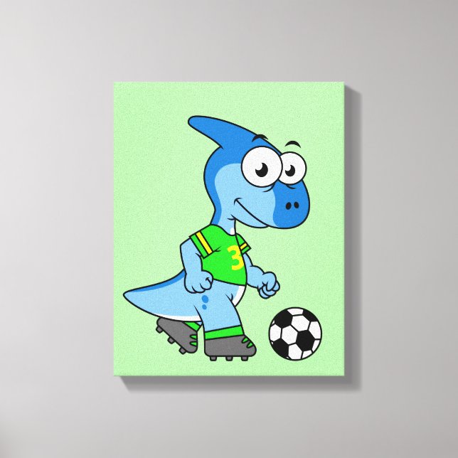 Illustration Of A Parasaurolophus Playing Soccer. Canvas Print (Front)