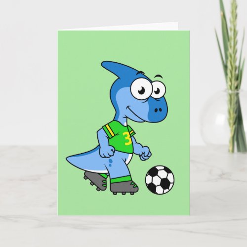 Illustration Of A Parasaurolophus Playing Soccer Card