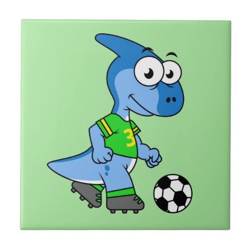 Illustration Of A Parasaurolophus Playing Soccer Ceramic Tile