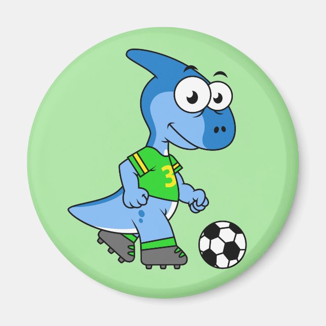 Illustration Of A Parasaurolophus Playing Soccer. Magnet (Front)