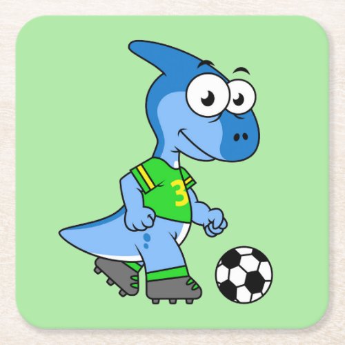 Illustration Of A Parasaurolophus Playing Soccer Square Paper Coaster