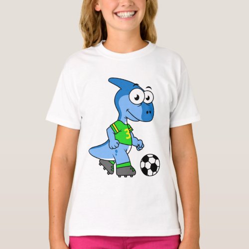 Illustration Of A Parasaurolophus Playing Soccer T_Shirt