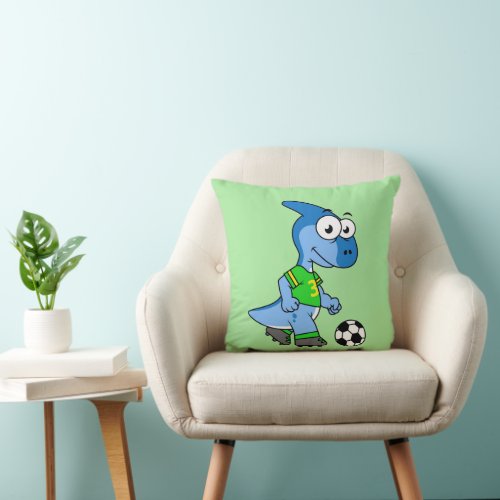 Illustration Of A Parasaurolophus Playing Soccer Throw Pillow