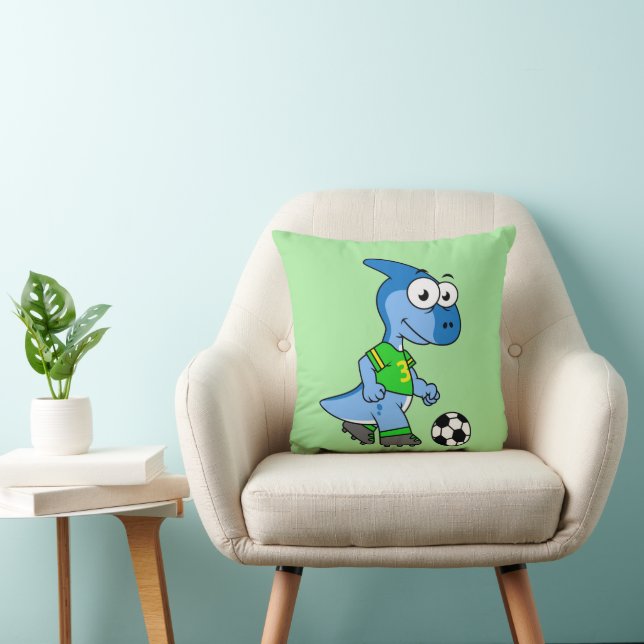 Illustration Of A Parasaurolophus Playing Soccer. Throw Pillow (Chair)