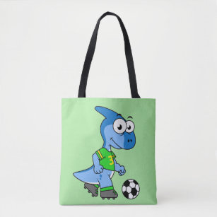 Illustration Of A Parasaurolophus Playing Soccer. Tote Bag