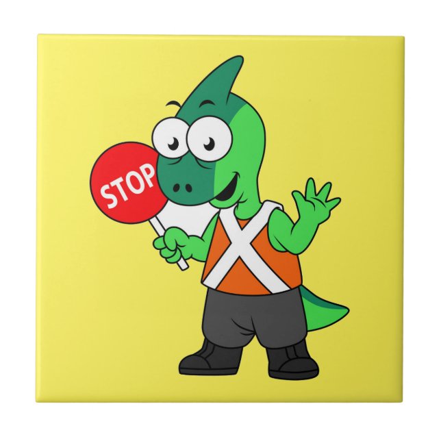 Illustration Of A Parasaurolophus Traffic Enforcer Ceramic Tile (Front)