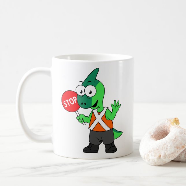 Illustration Of A Parasaurolophus Traffic Enforcer Coffee Mug (With Donut)